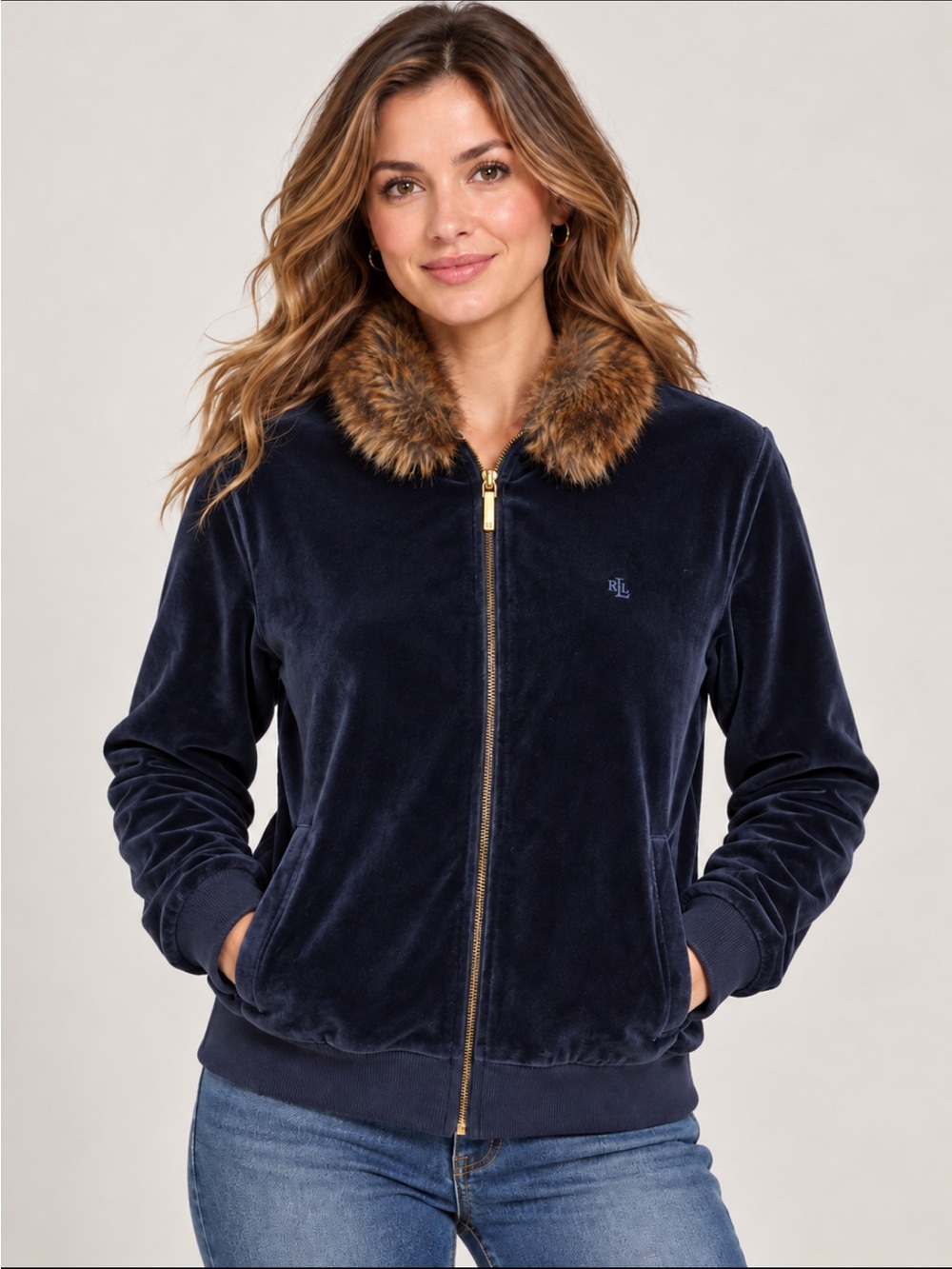 Lauren Ralph Lauren Navy Velour Zip Jacket with Faux Fur Collar, Size M